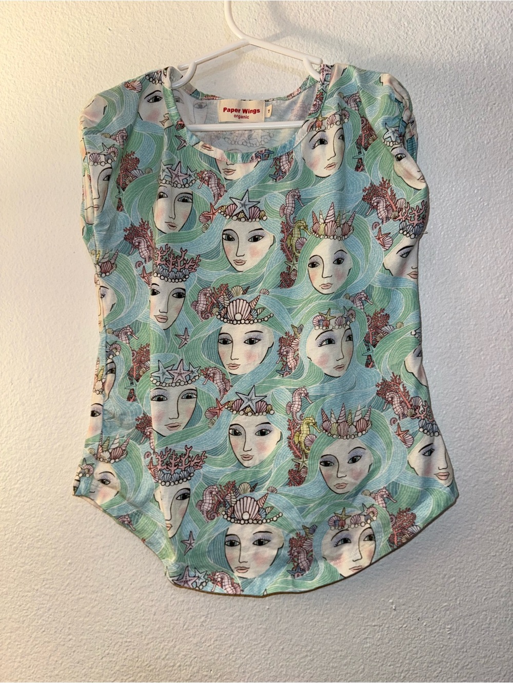 Paper Wings Girls' Mint Mermaid Print Short Sleeve Tee
